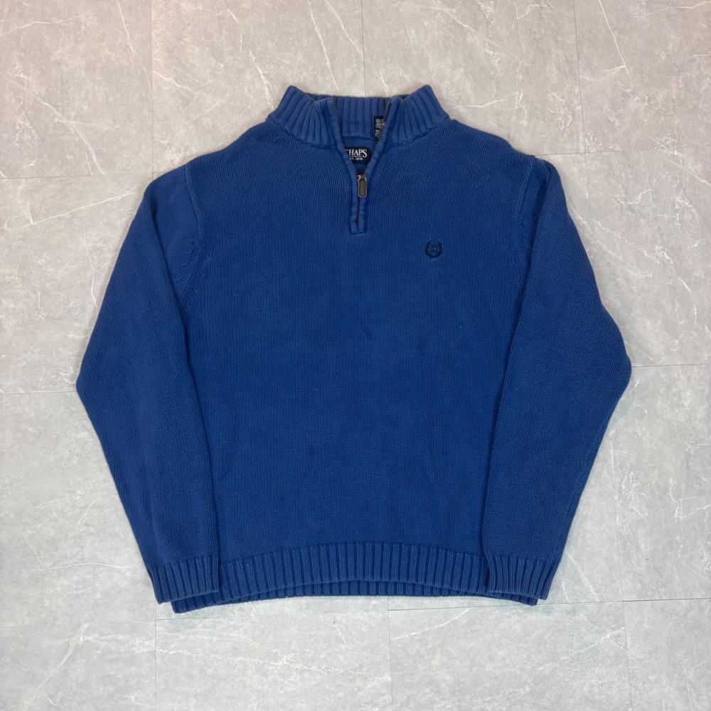 Chaps Mens Quarter Zip Sweater Blue Cotton Knit Pullover Large 2561